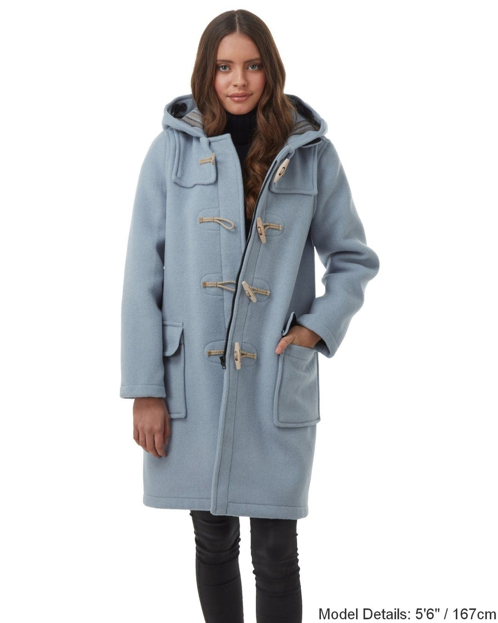Women's Baby Blue Original Classic Fit Duffle Coat with Wooden