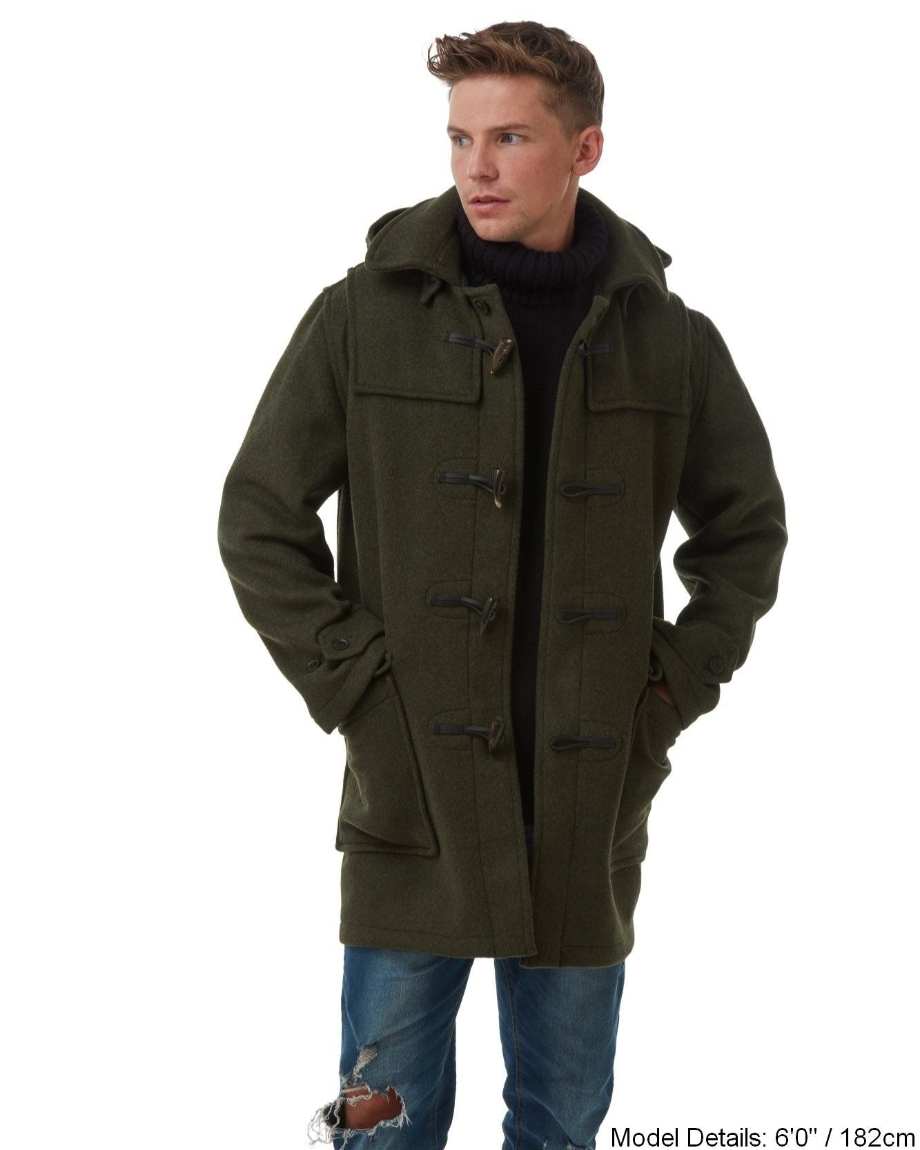 Men's Olive London Custom Fit Convertible Duffle Coat, With Original Removable Hood And Horn Toggles