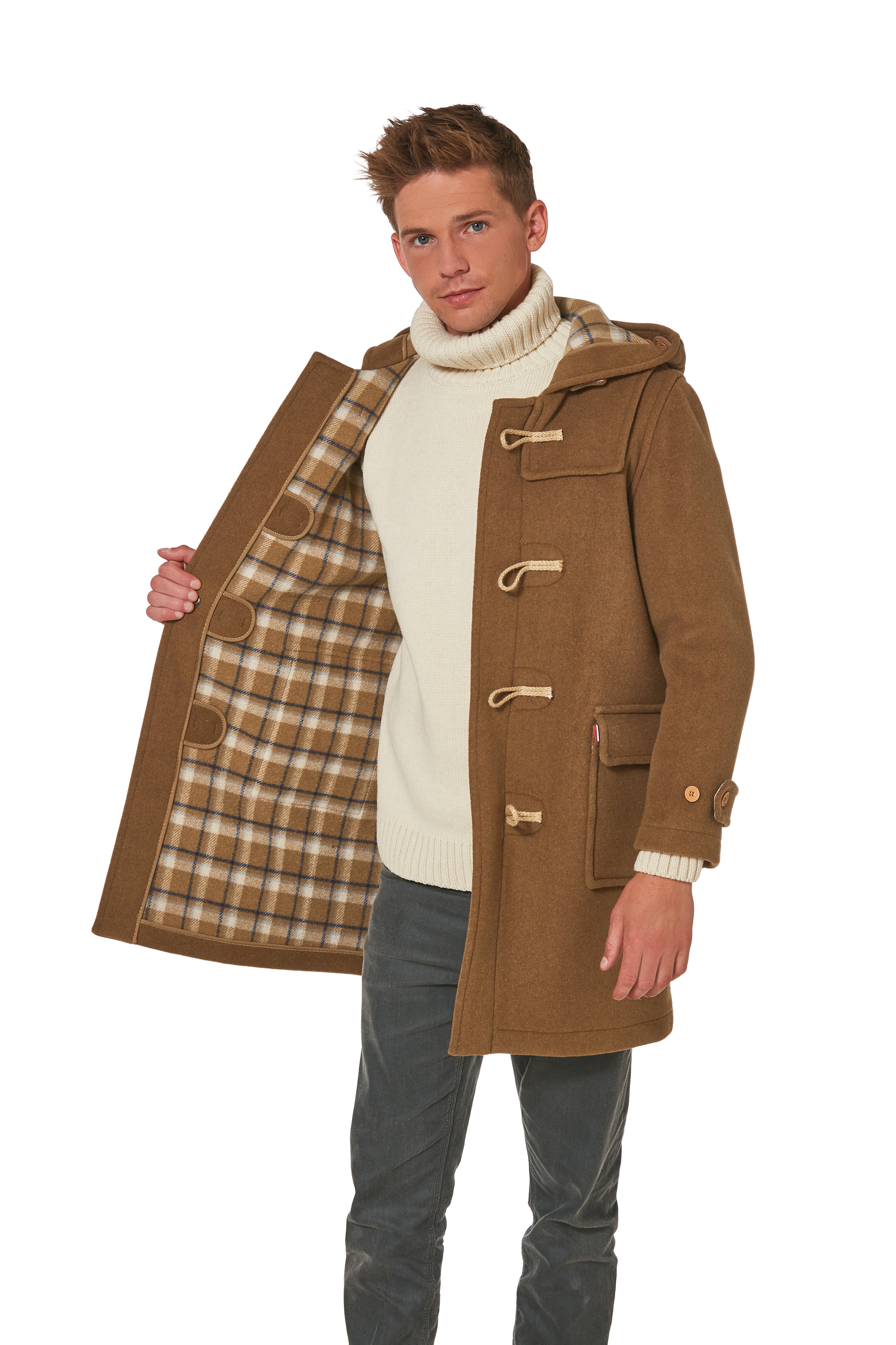 Mens Classic Super Slim Duffle with Wooden Toggles - Camel