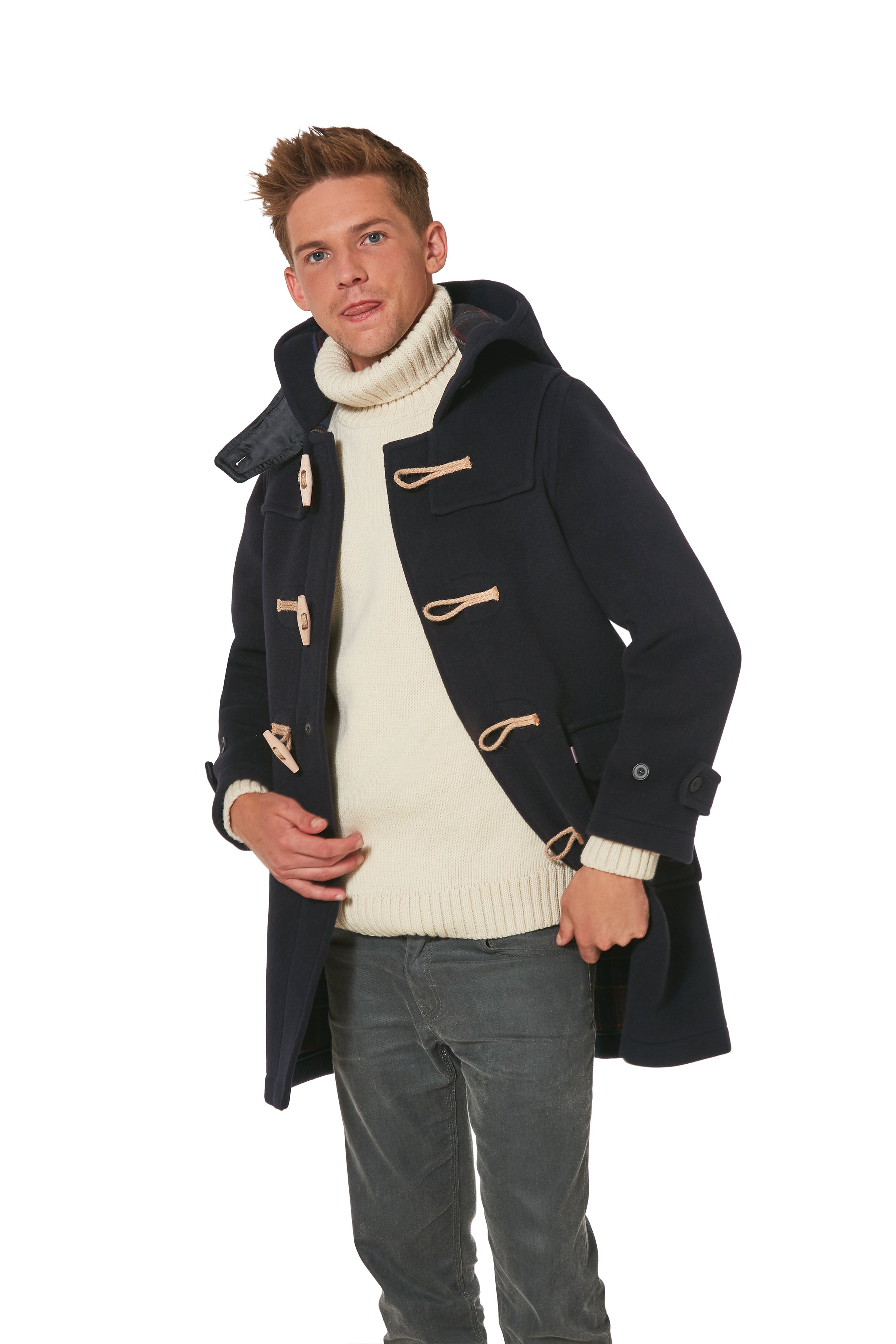 Mens Classic Super Slim Duffle with Wooden Toggles - Navy