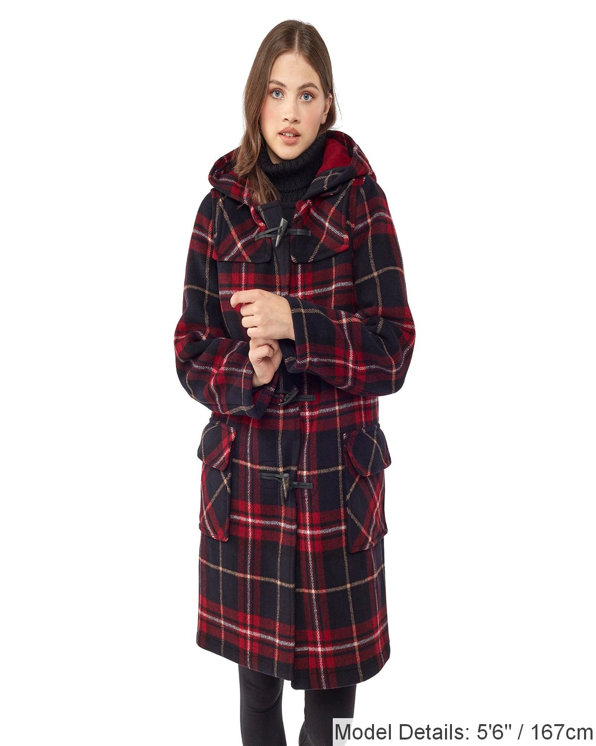 Woman's Burgundy Check Original Classic Fit Duffle Coat With Horn Toggles