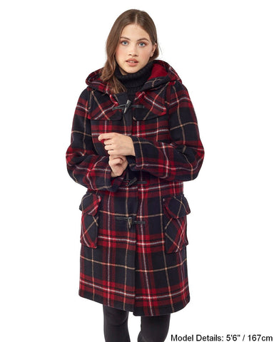 Woman's Burgundy Check Original Classic Fit Duffle Coat With Horn Toggles