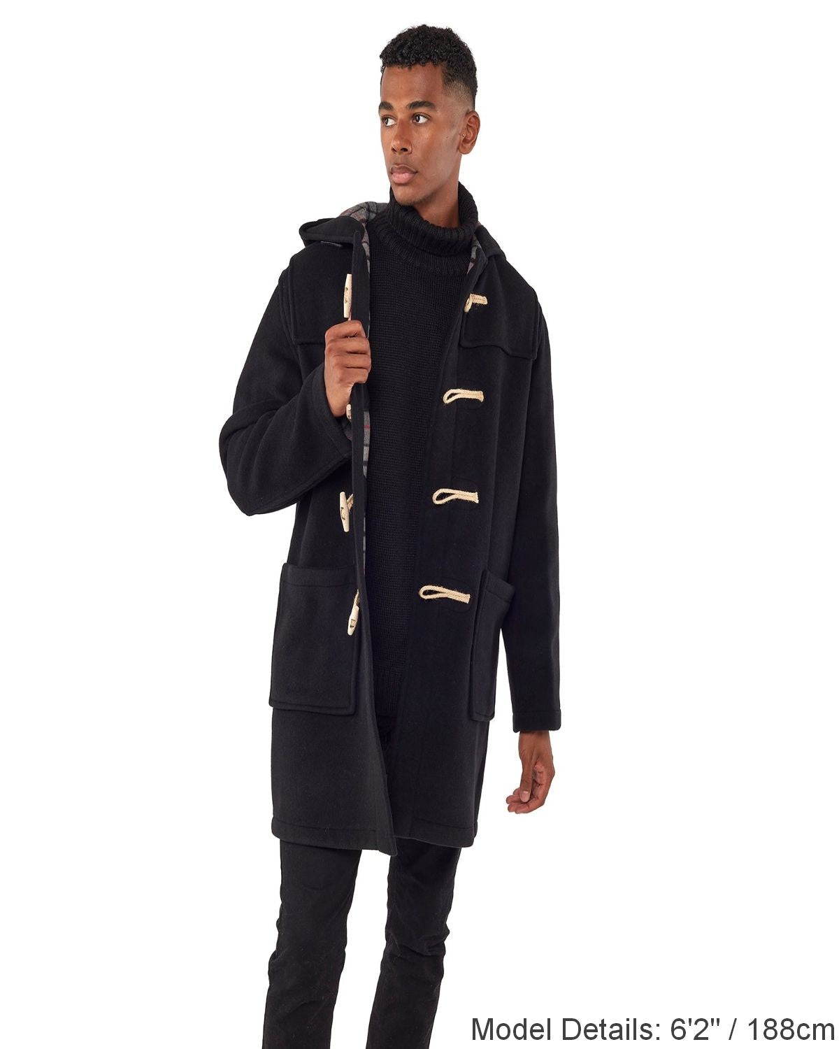 Mens Black Classic Fit Original And Authentic Duffle Coat With Wooden Toggles