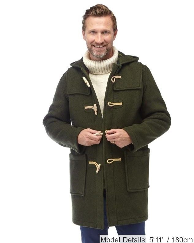 Mens Olive Classic Fit Original And Authentic Duffle Coat With Wooden Toggles