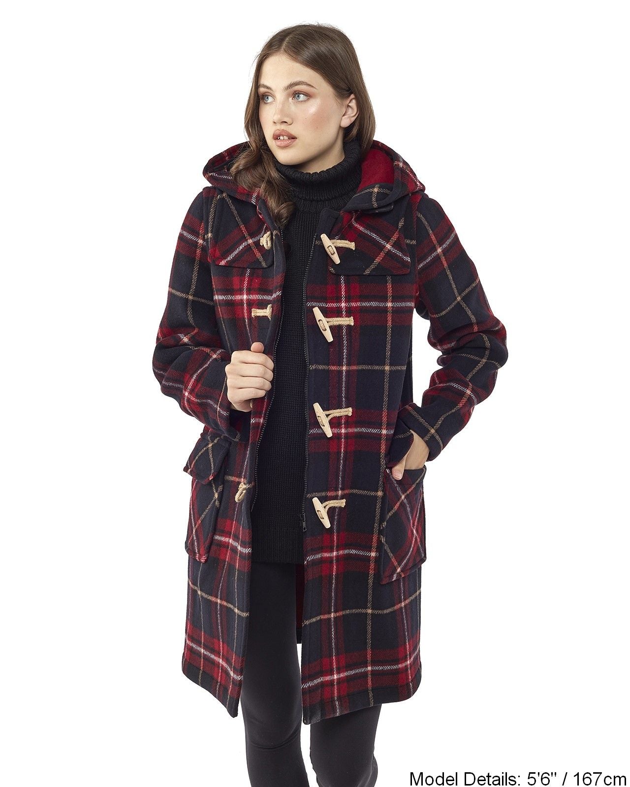 Women's Burgundy Check Original Classic Fit Duffle Coat with Wooden Toggles