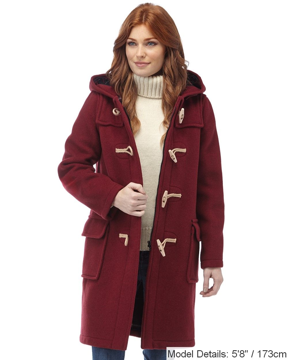 Women's Burgundy Original Classic Fit Duffle Coat with Wooden