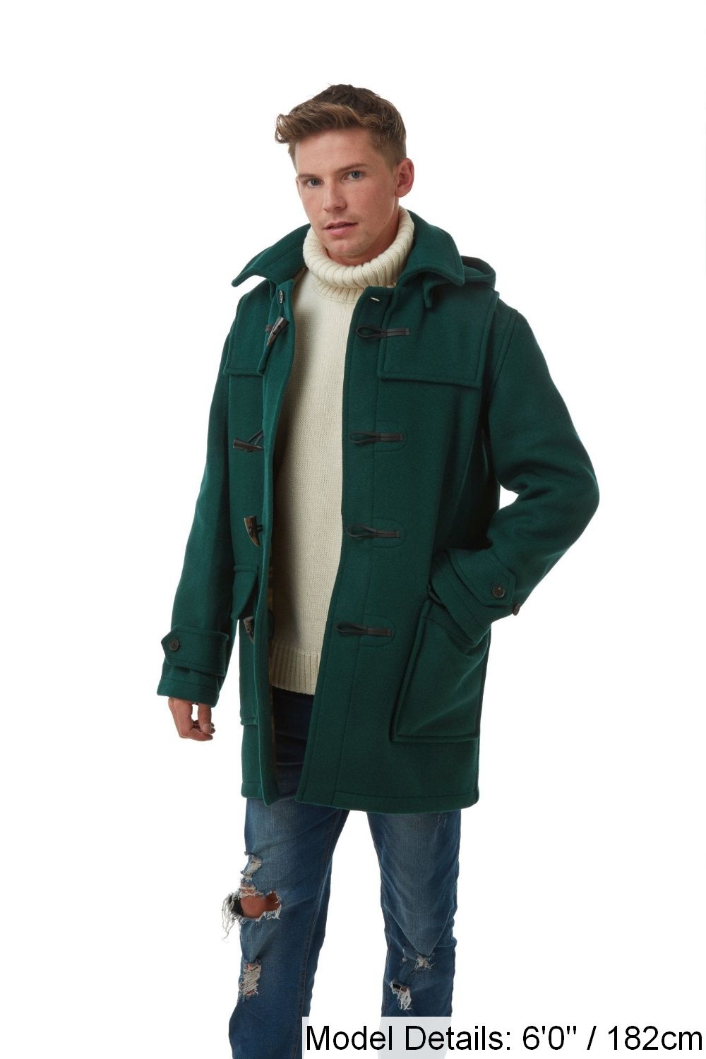 Men's British Racing Green London Custom Fit Convertible Duffle Coat, With Original Removable Hood And Horn Toggles