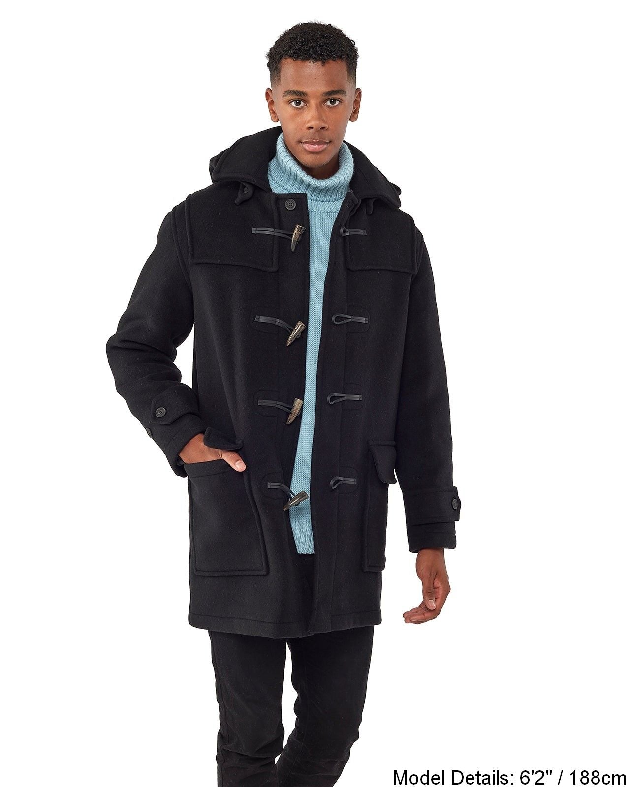 Men's Black London Custom Fit Convertible Duffle Coat, With Original Removable Hood And Horn Toggles