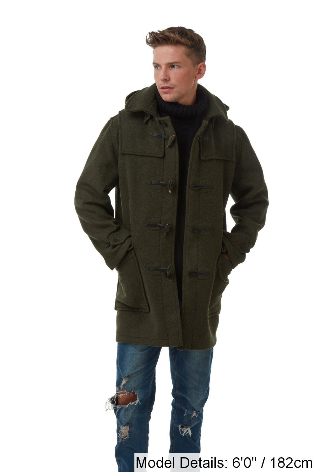 Men's Olive London Custom Fit Convertible Duffle Coat, With Original Removable Hood And Horn Toggles