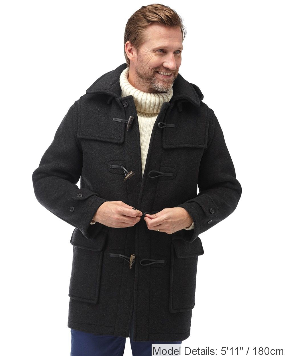 Men's Charcoal London Custom Fit Convertible Duffle Coat, With Original Removable Hood And Horn Toggles