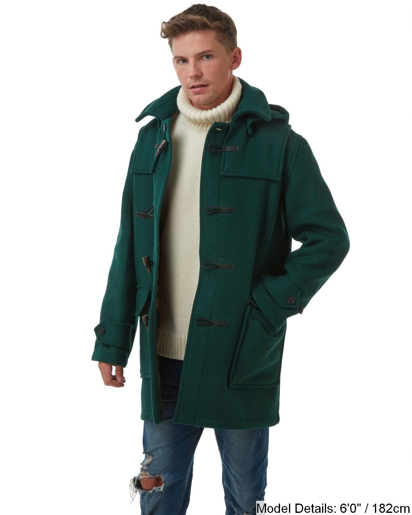 Men's British Racing Green London Custom Fit Convertible Duffle Coat, With Original Removable Hood And Horn Toggles