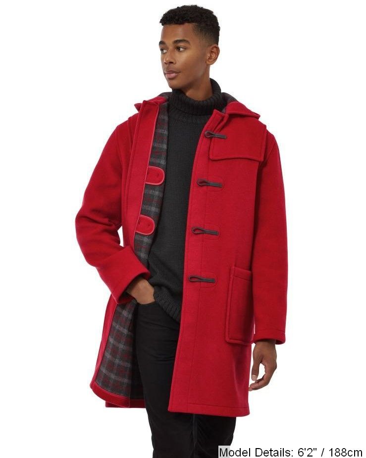 Mens Red Classic Fit Original And Authentic Duffle Coat With Horn Toggles