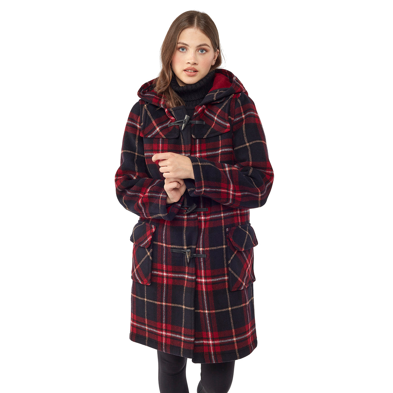 Woman's Burgundy Check Original Classic Fit Duffle Coat With Horn Toggles