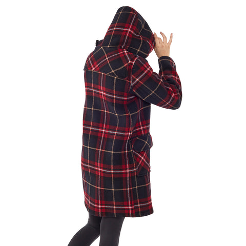 Woman's Burgundy Check Original Classic Fit Duffle Coat With Horn Toggles