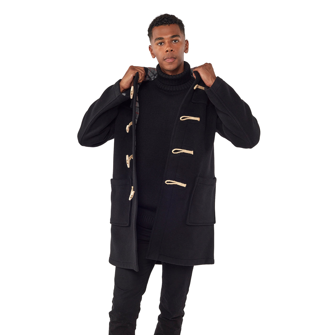 Mens Black Classic Fit Original And Authentic Duffle Coat With Wooden Toggles