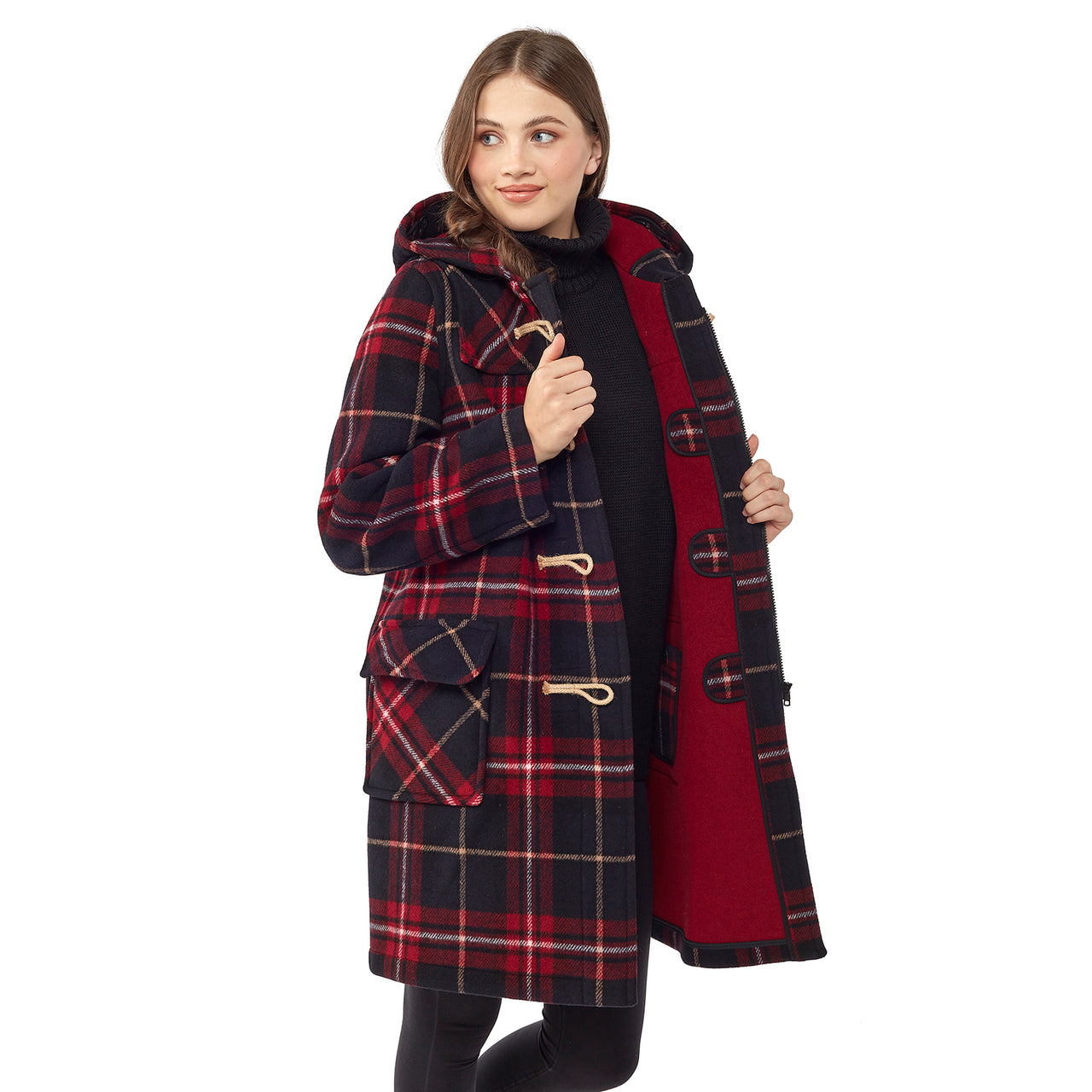 Women's Burgundy Check Original Classic Fit Duffle Coat with Wooden Toggles