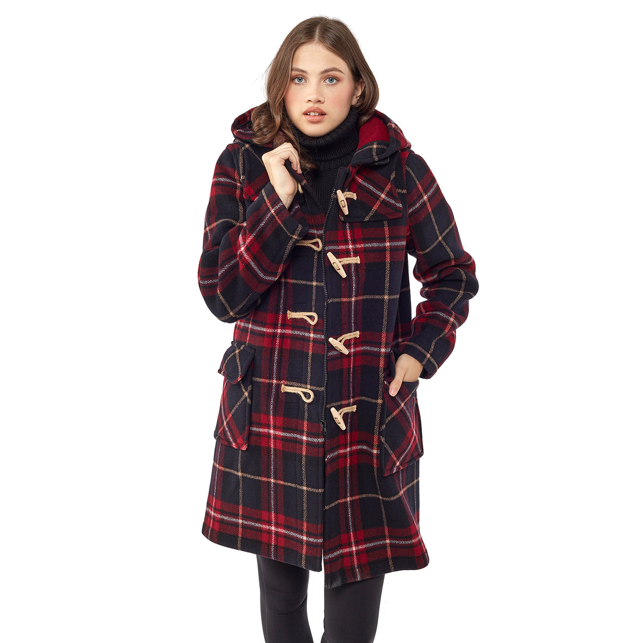 Women's Burgundy Check Original Classic Fit Duffle Coat with Wooden Toggles
