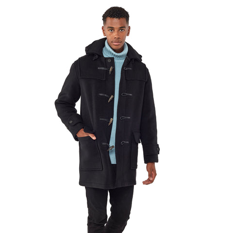 Men's Black London Custom Fit Convertible Duffle Coat, With Original Removable Hood And Horn Toggles